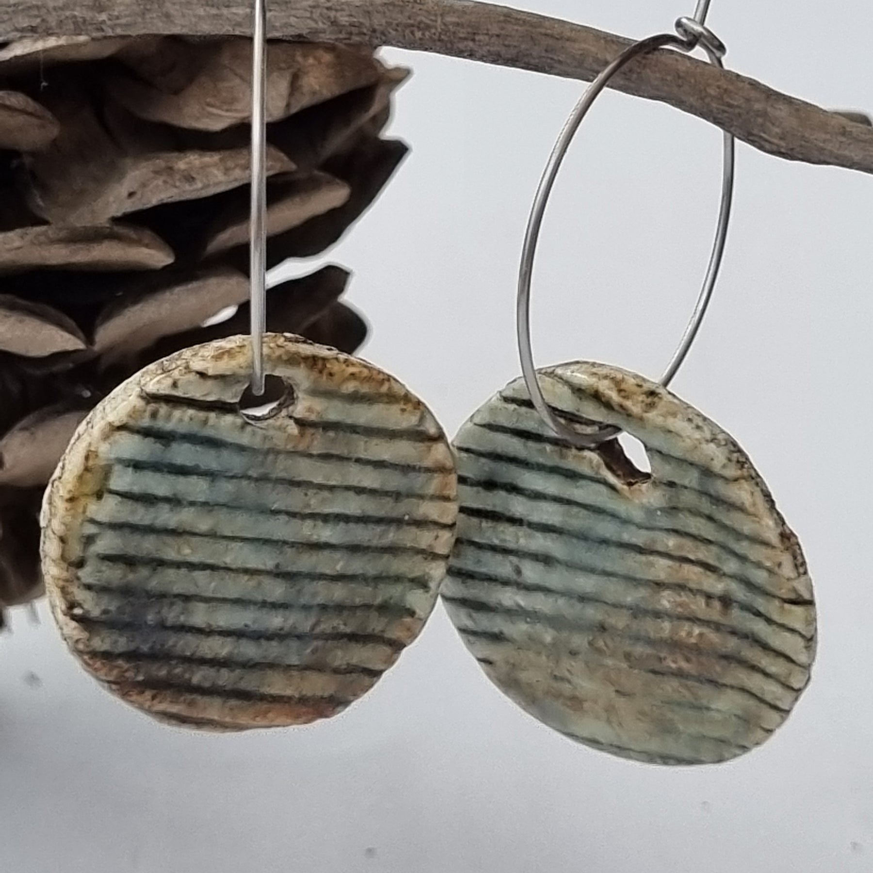 Handmade Stoneware Ceramic Earrings, blue grey multi-coloured, 28mm diameter, pierced ears