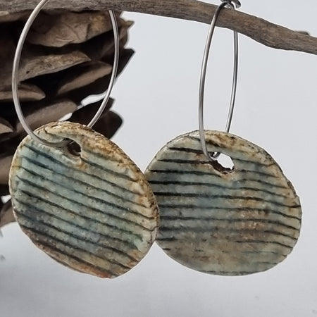 Handmade Stoneware Ceramic Earrings, blue grey multi-coloured, 28mm diameter, pierced ears