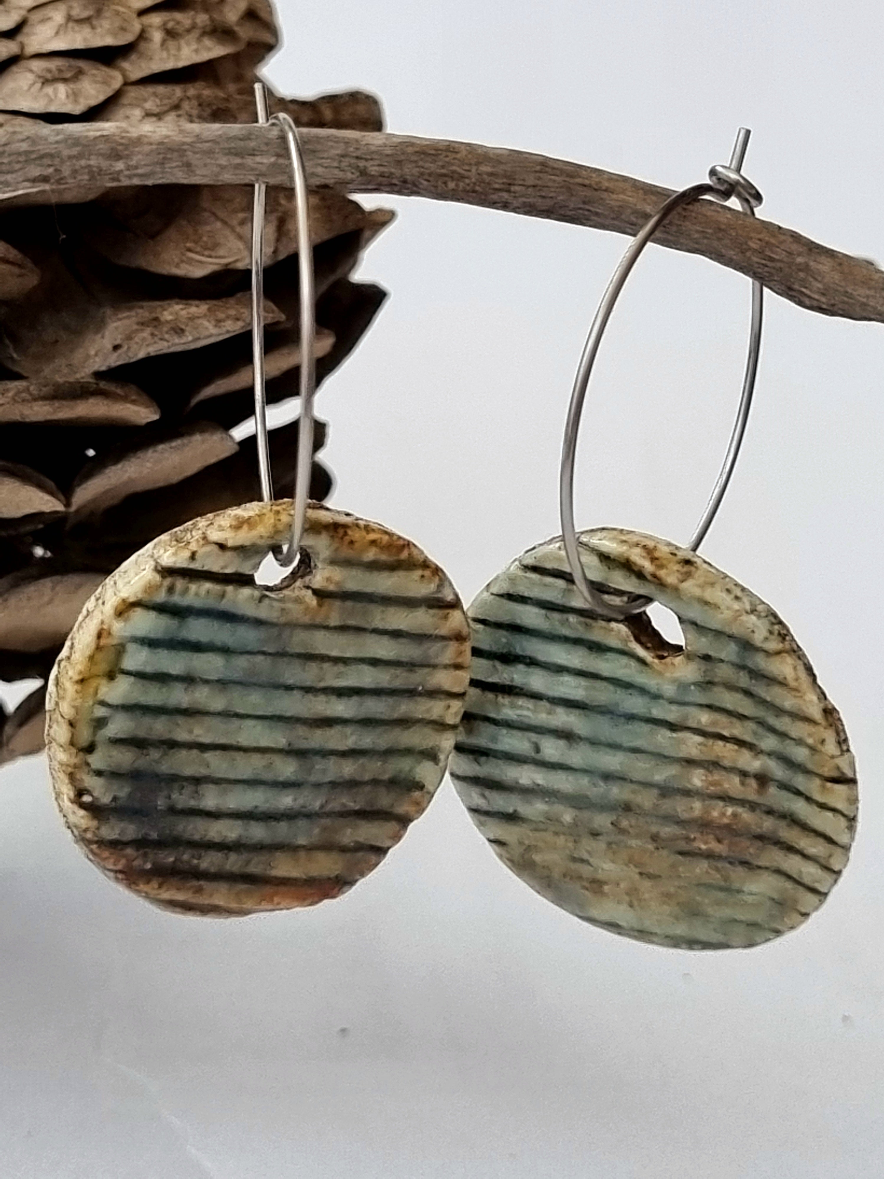 Handmade Stoneware Ceramic Earrings, blue grey multi-coloured, 28mm diameter, pierced ears