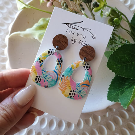 Penny dangle earrings- colourful leopard and wood stud