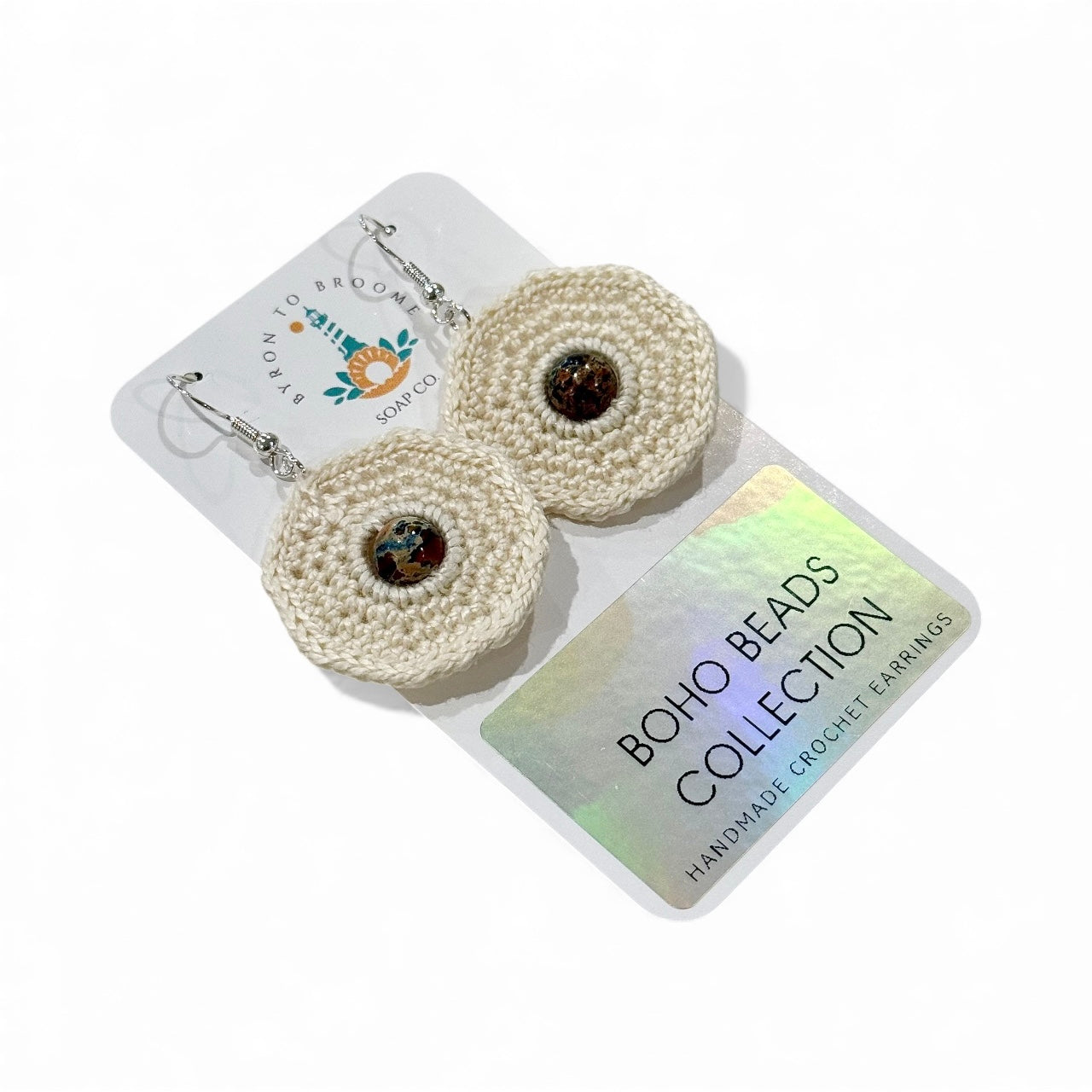 Crochet Earrings - Neutral with Blue Imperial Jasper Beads