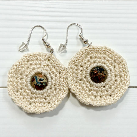 Crochet Earrings - Neutral with Blue Imperial Jasper Beads