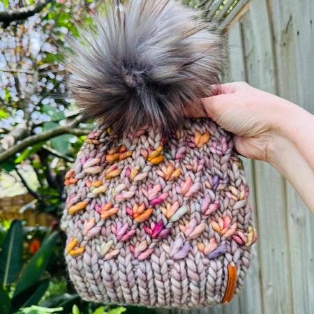 Hand knitted merino beanie, ladies pompom beanie