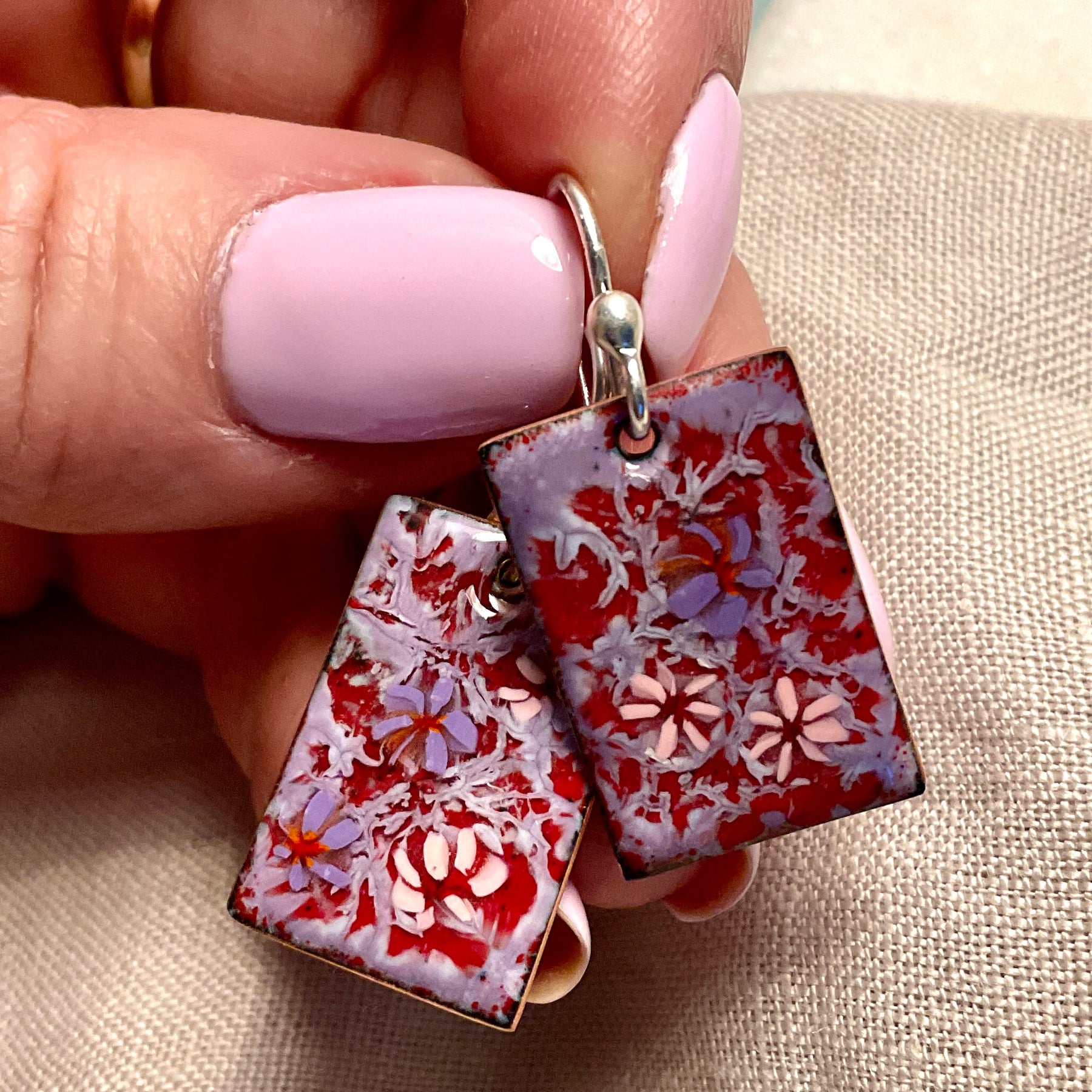 Purple and pink flowers. Enamel earrings