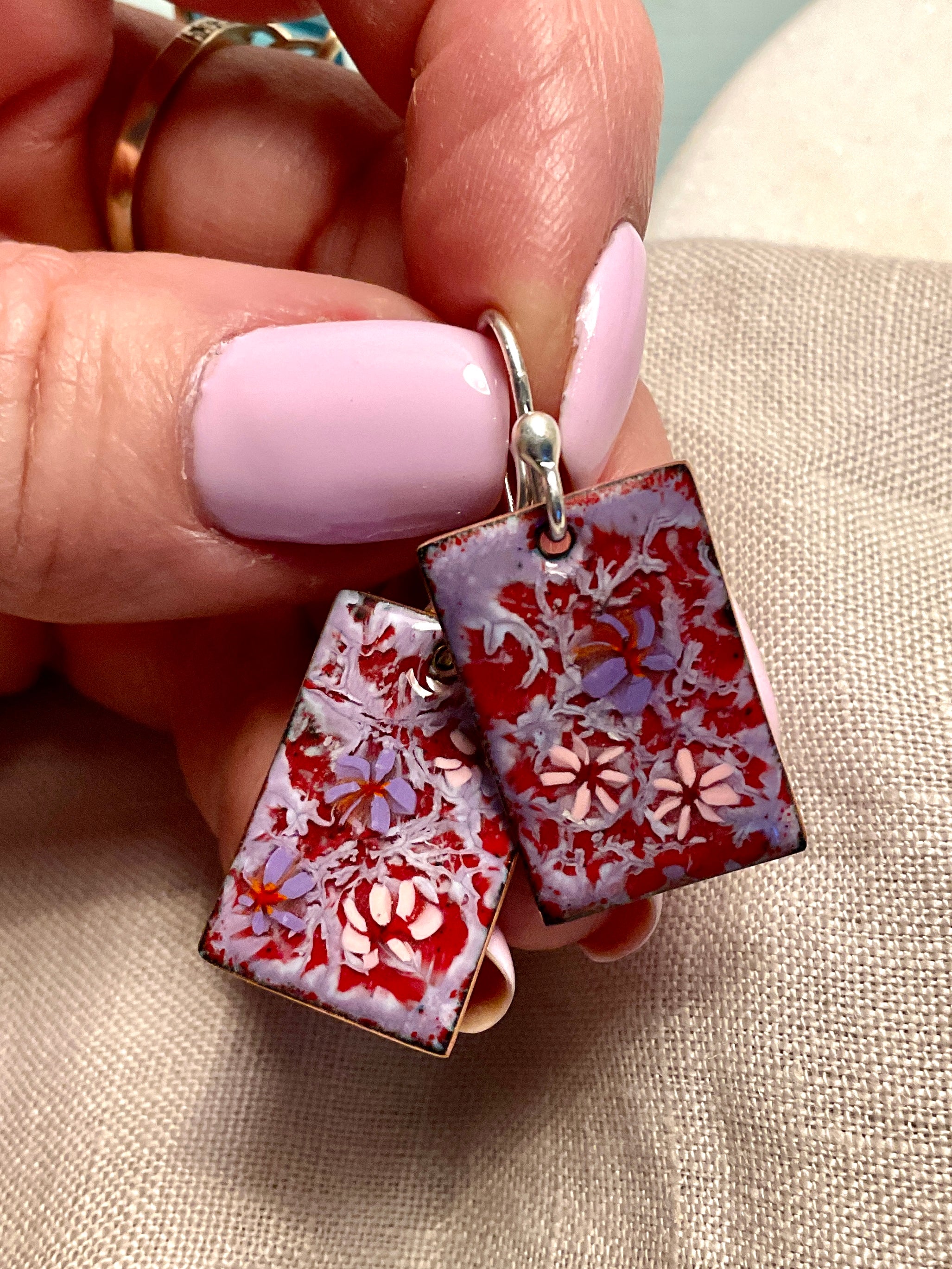 Purple and pink flowers. Enamel earrings
