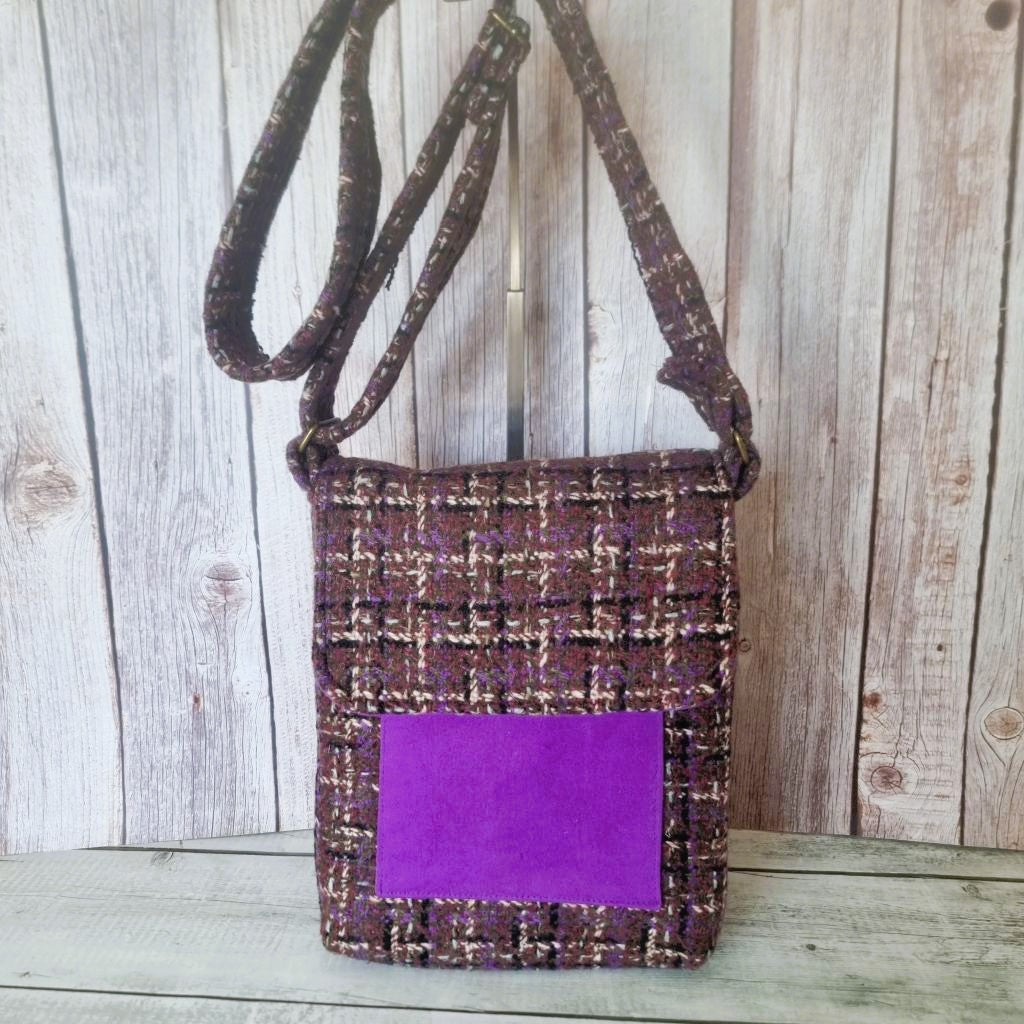 Upcycled crossbody messenger bag - brown & purple
