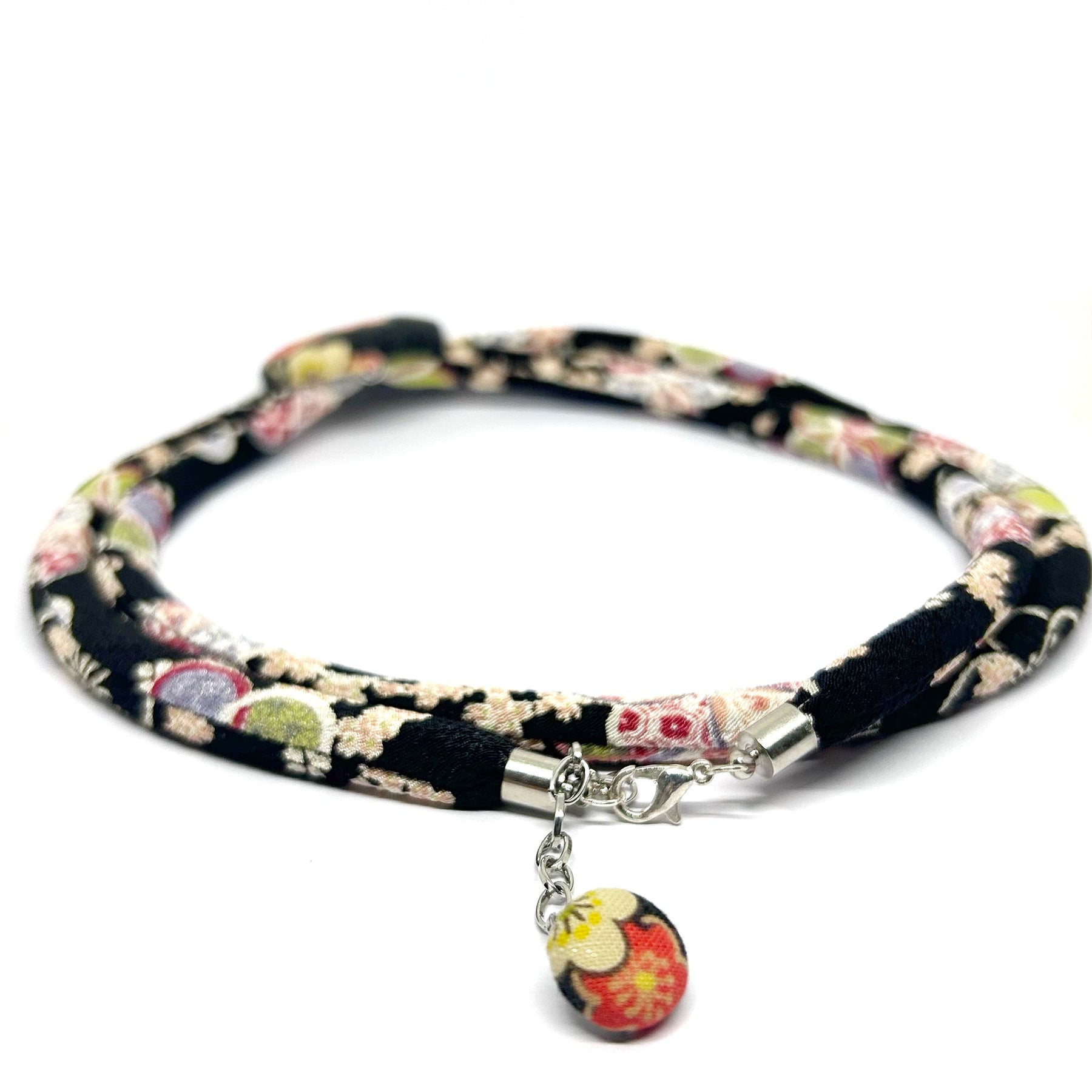 Kimono Cord Necklace - Pink and Black Floral