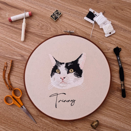 Custom, personalised, hand-stitched pet portrait in full colour