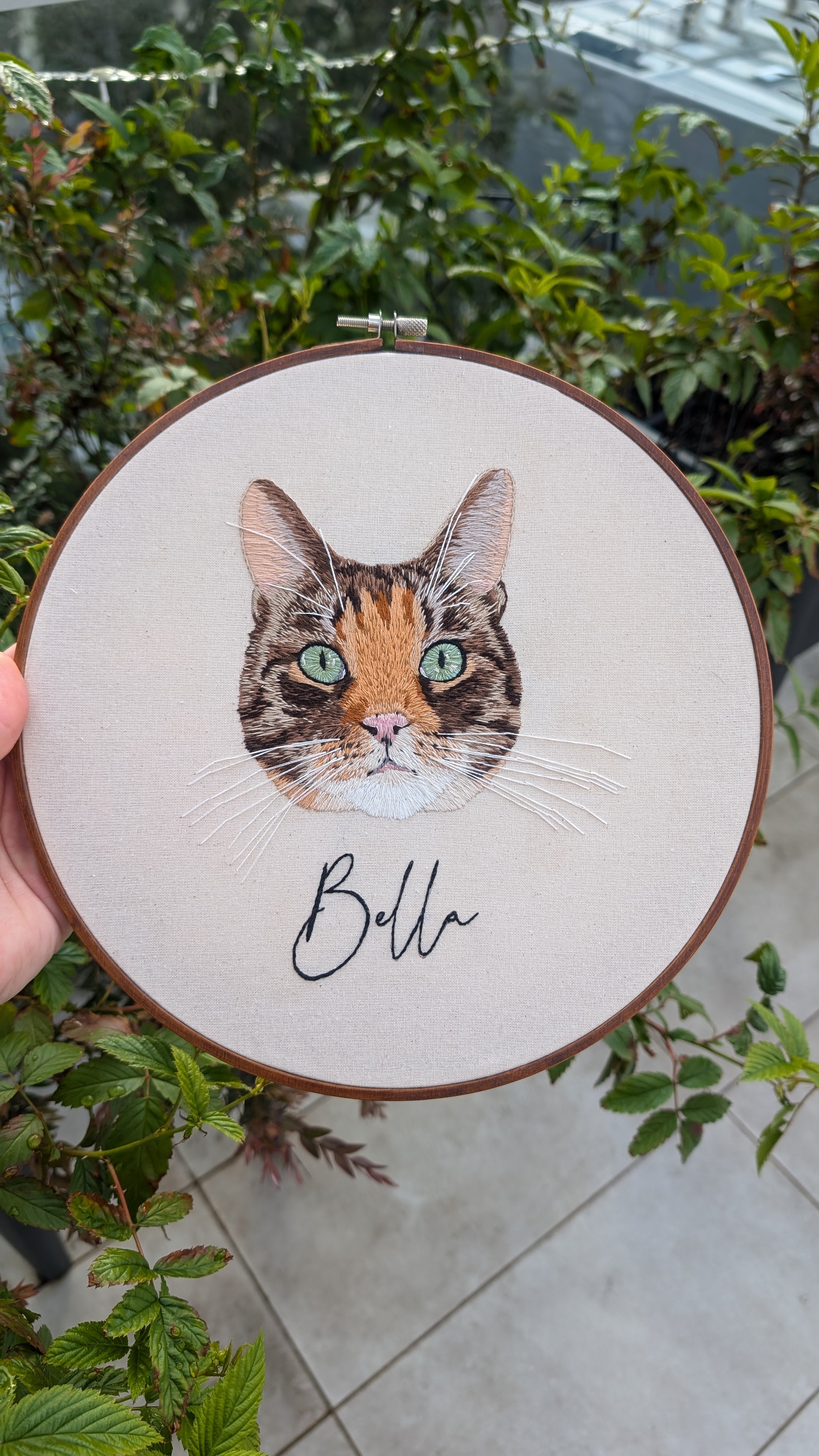 Custom, personalised, hand-stitched pet portrait in full colour