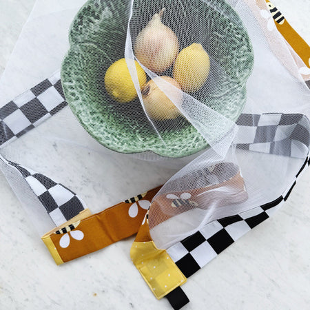 Bees weighted mesh food cover. Charcuterie board net throw. Cheese platter fly cover. Fruit bowl cover.