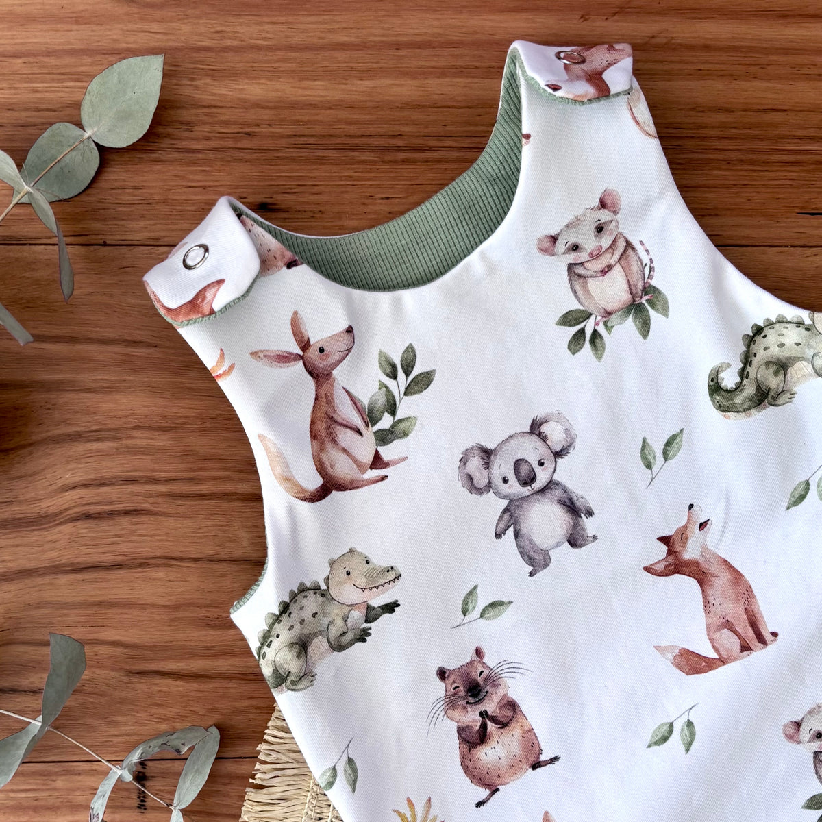 Baby Stretch Overalls | Green Australian Animals | Size 000 to 3 | Made to order