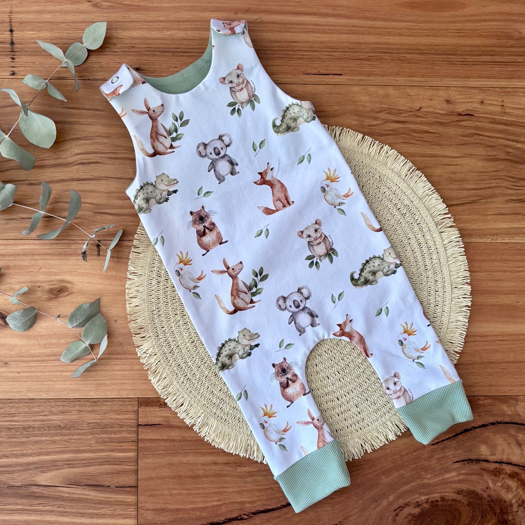 Baby Stretch Overalls | Green Australian Animals | Size 000 to 3 | Made to order