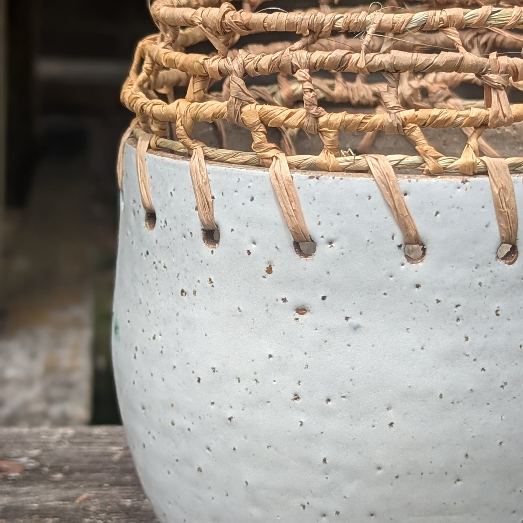 Clay Planter Pots with Woven Edge |  Basketry Detail |Recycled Circular Clay Seagrass Raffia|