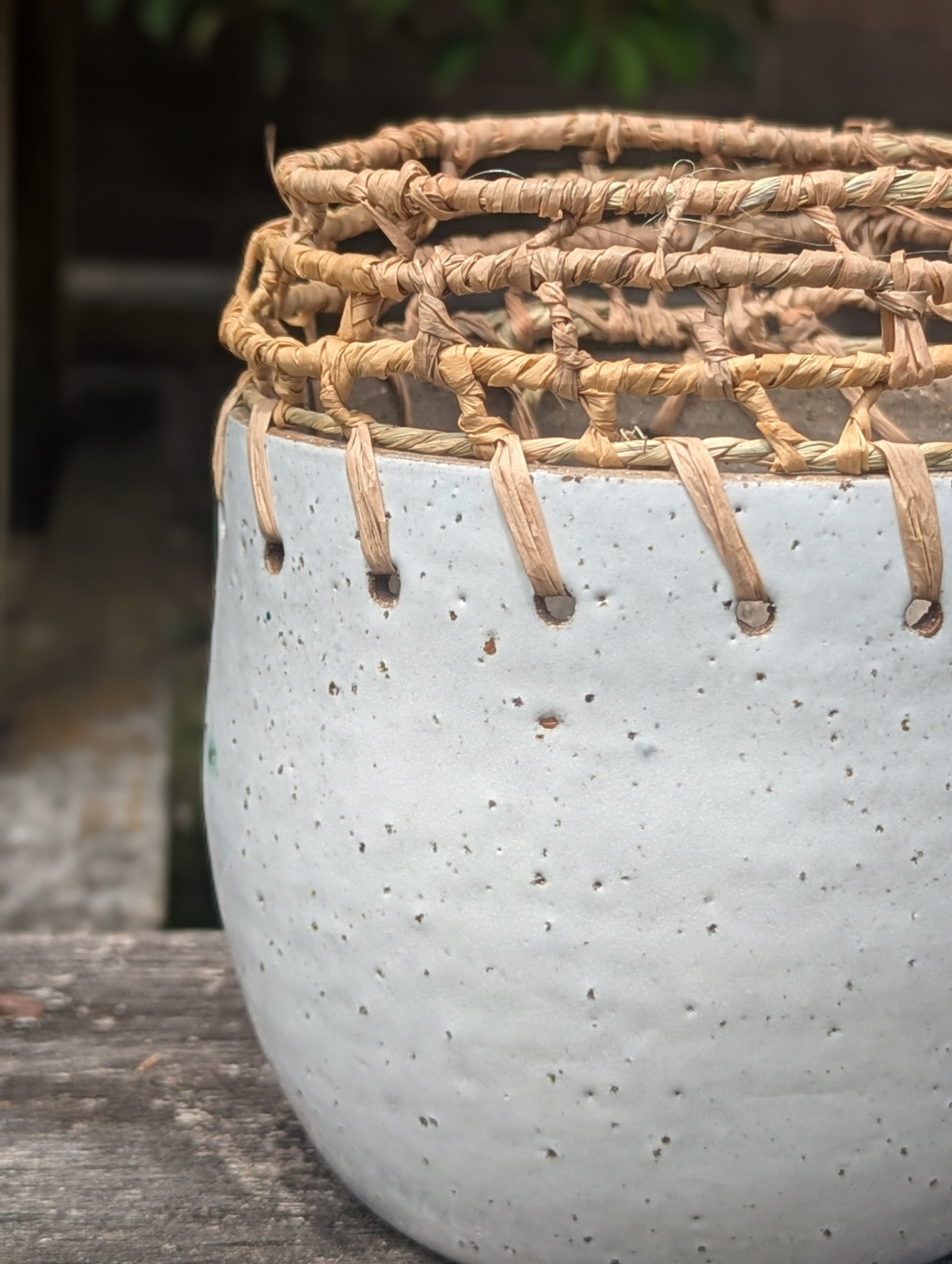 Clay Planter Pots with Woven Edge |  Basketry Detail |Recycled Circular Clay Seagrass Raffia|