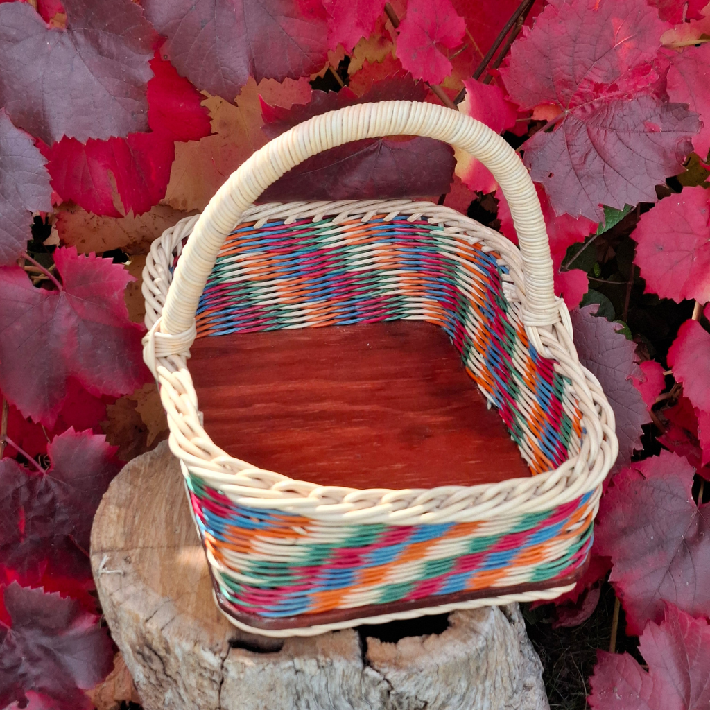 Large Rectangular orange green blue red and natural basket.