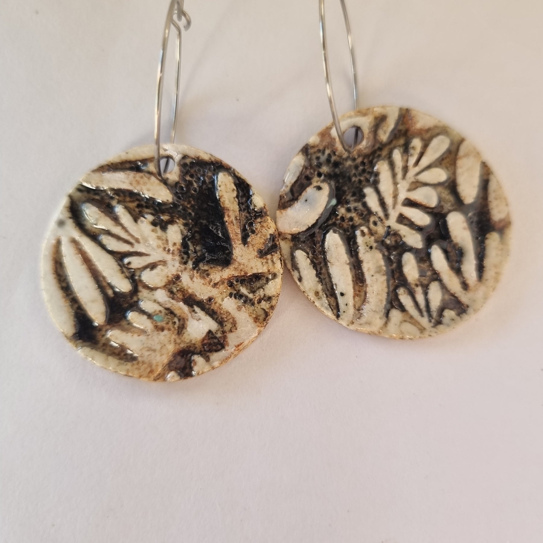 Handmade Stoneware Ceramic Earrings, black-white multi-coloured, 35mm diameter, pierced ears