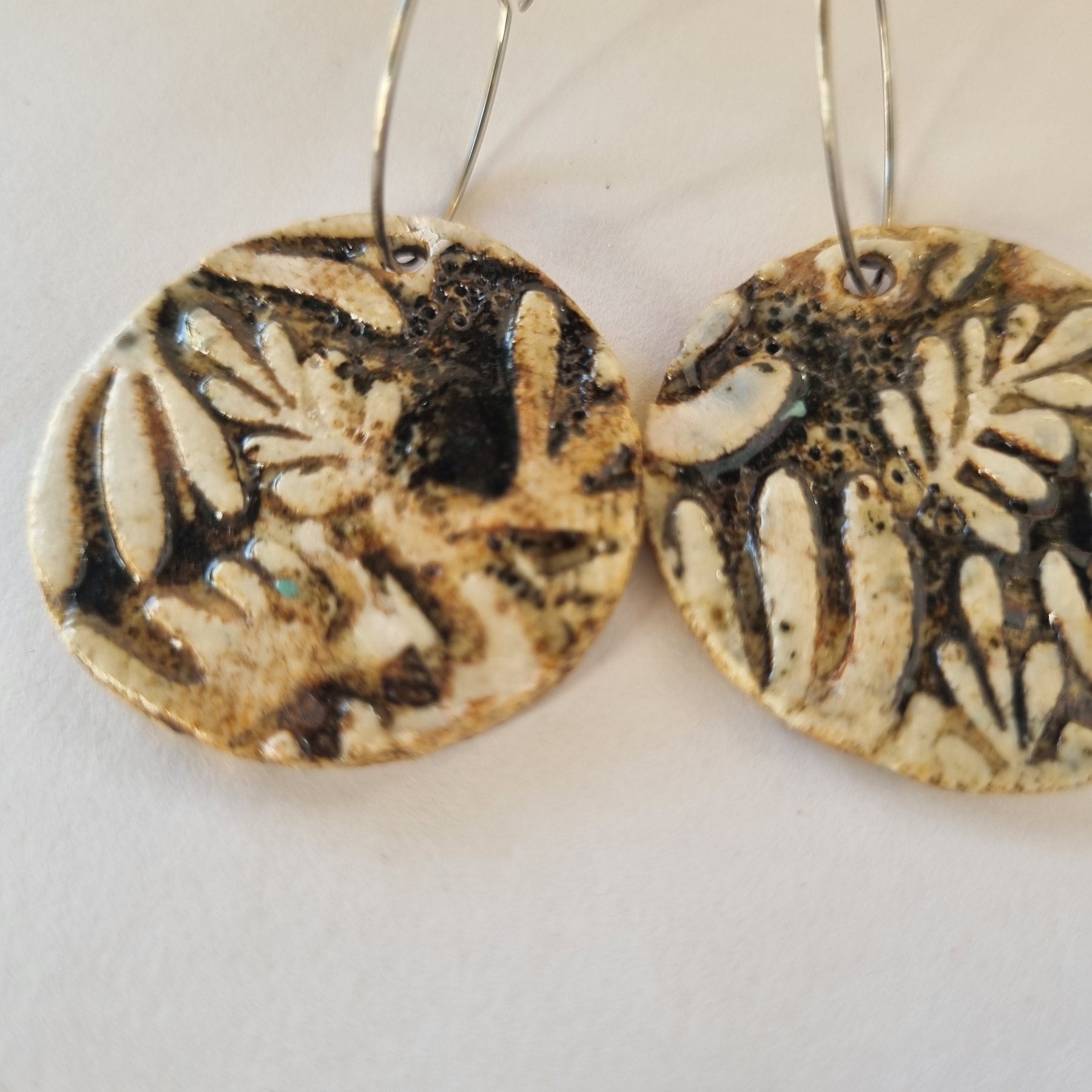 Handmade Stoneware Ceramic Earrings, black-white multi-coloured, 35mm diameter, pierced ears