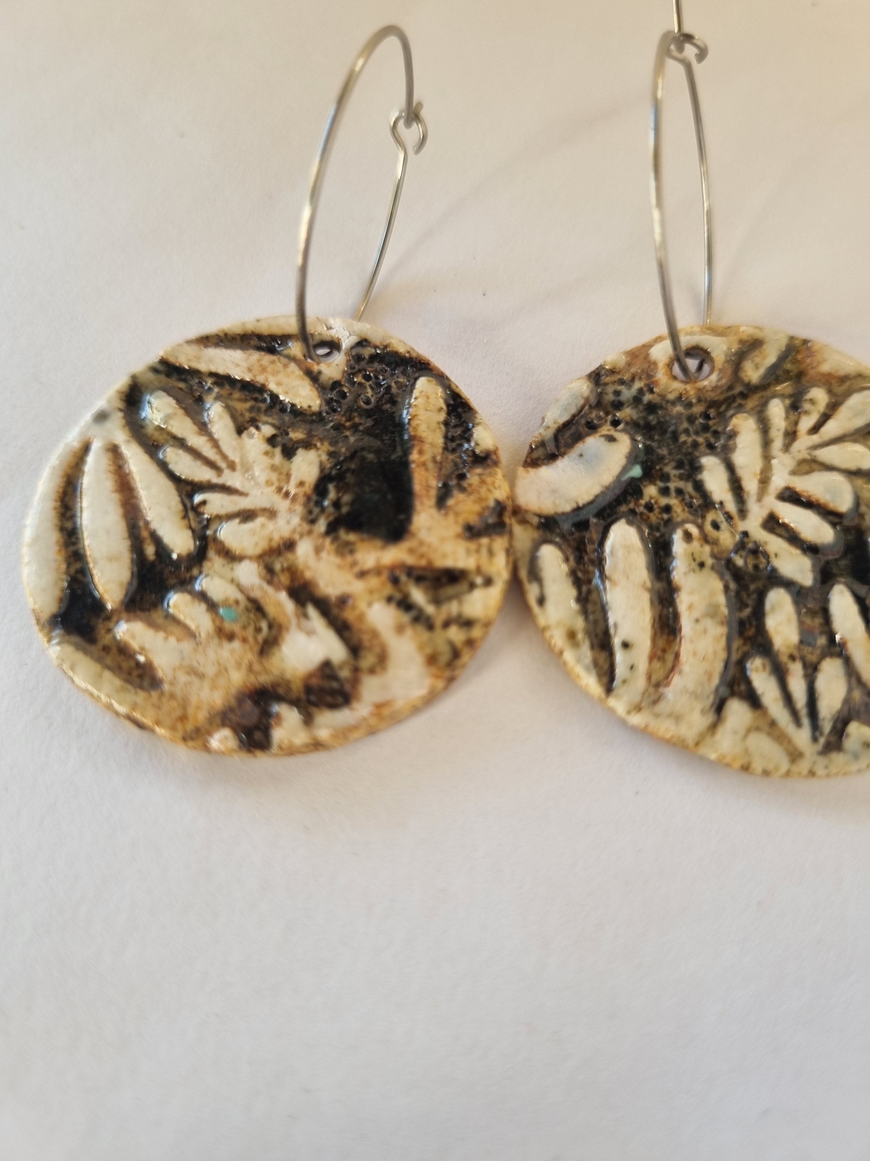 Handmade Stoneware Ceramic Earrings, black-white multi-coloured, 35mm diameter, pierced ears