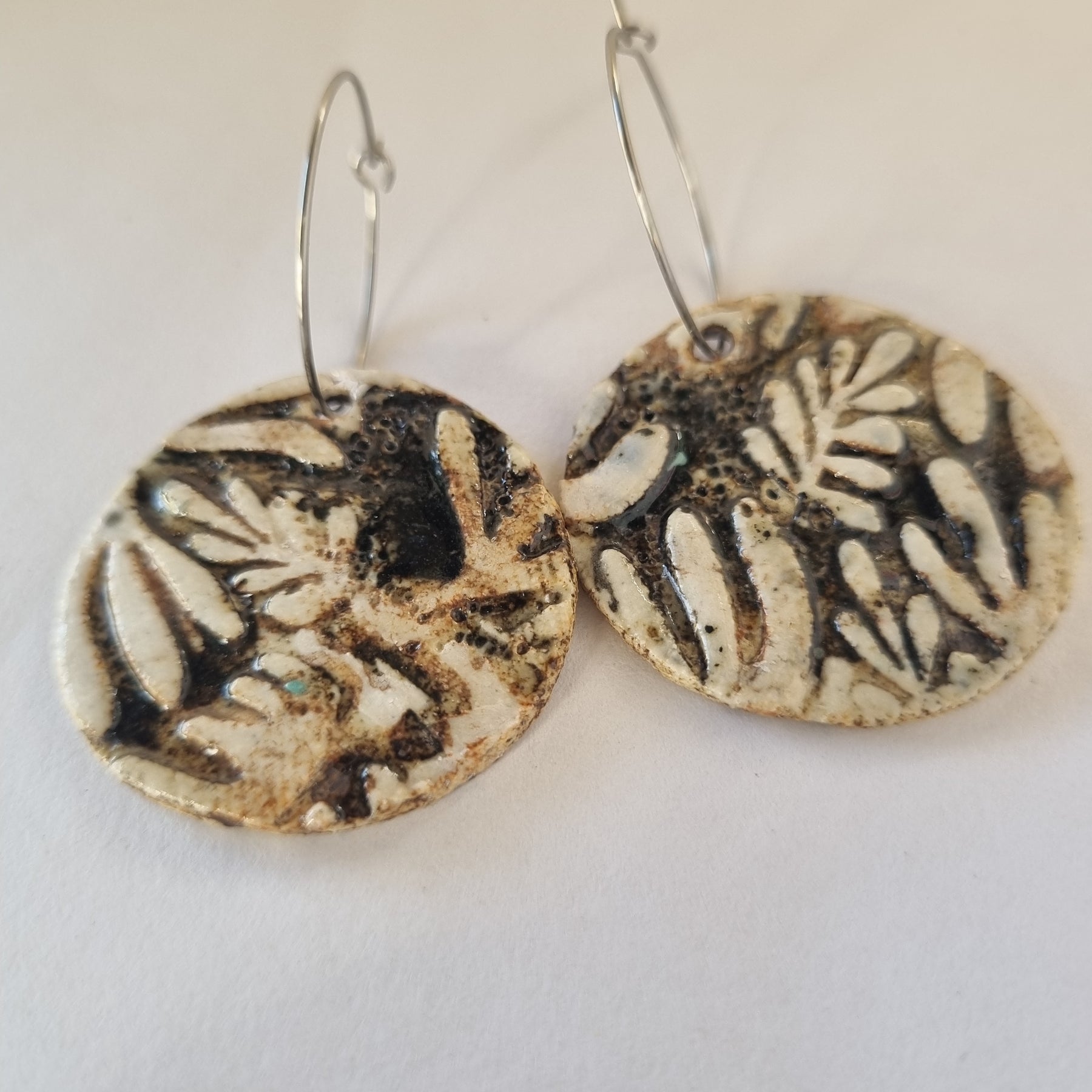 Handmade Stoneware Ceramic Earrings, black-white multi-coloured, 35mm diameter, pierced ears