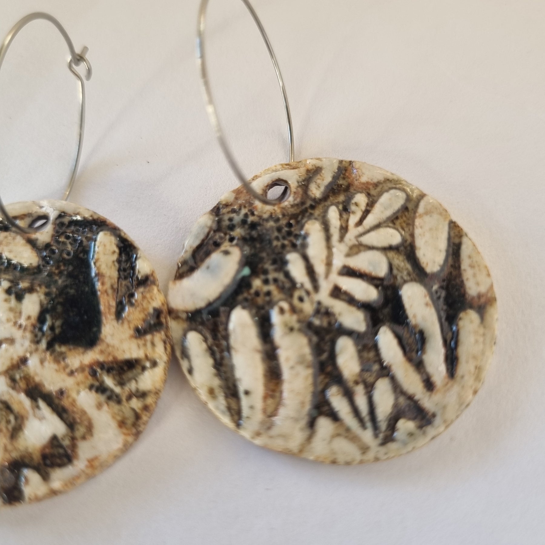 Handmade Stoneware Ceramic Earrings, black-white multi-coloured, 35mm diameter, pierced ears