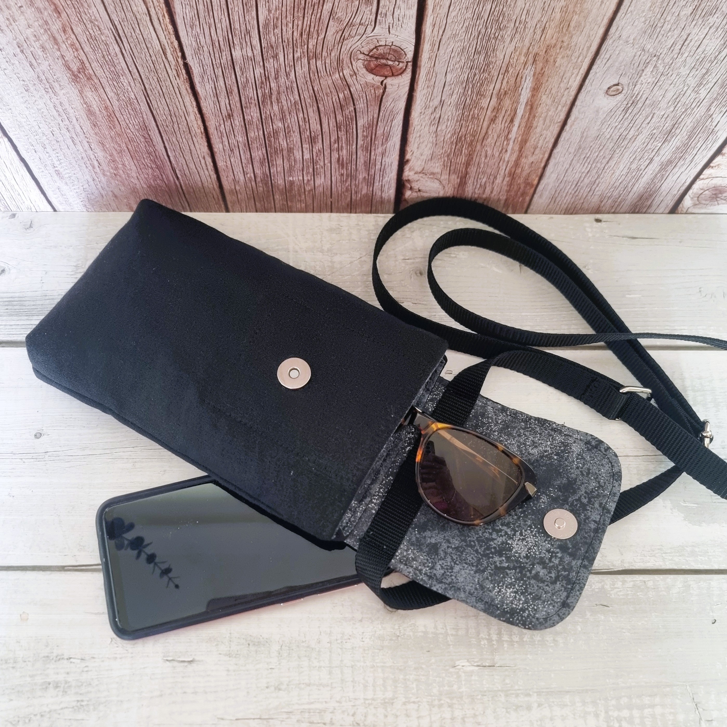 Upcycled medium phone messenger bag - black denim & textured filigree fabric