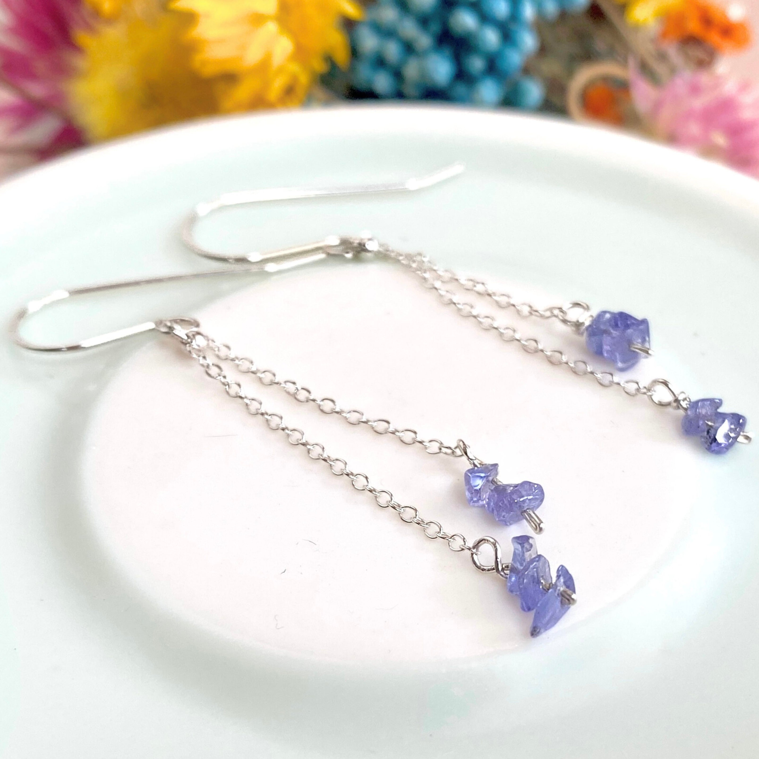 Natural tanzanite silver chain dangle earrings | Sterling silver | December birthstone