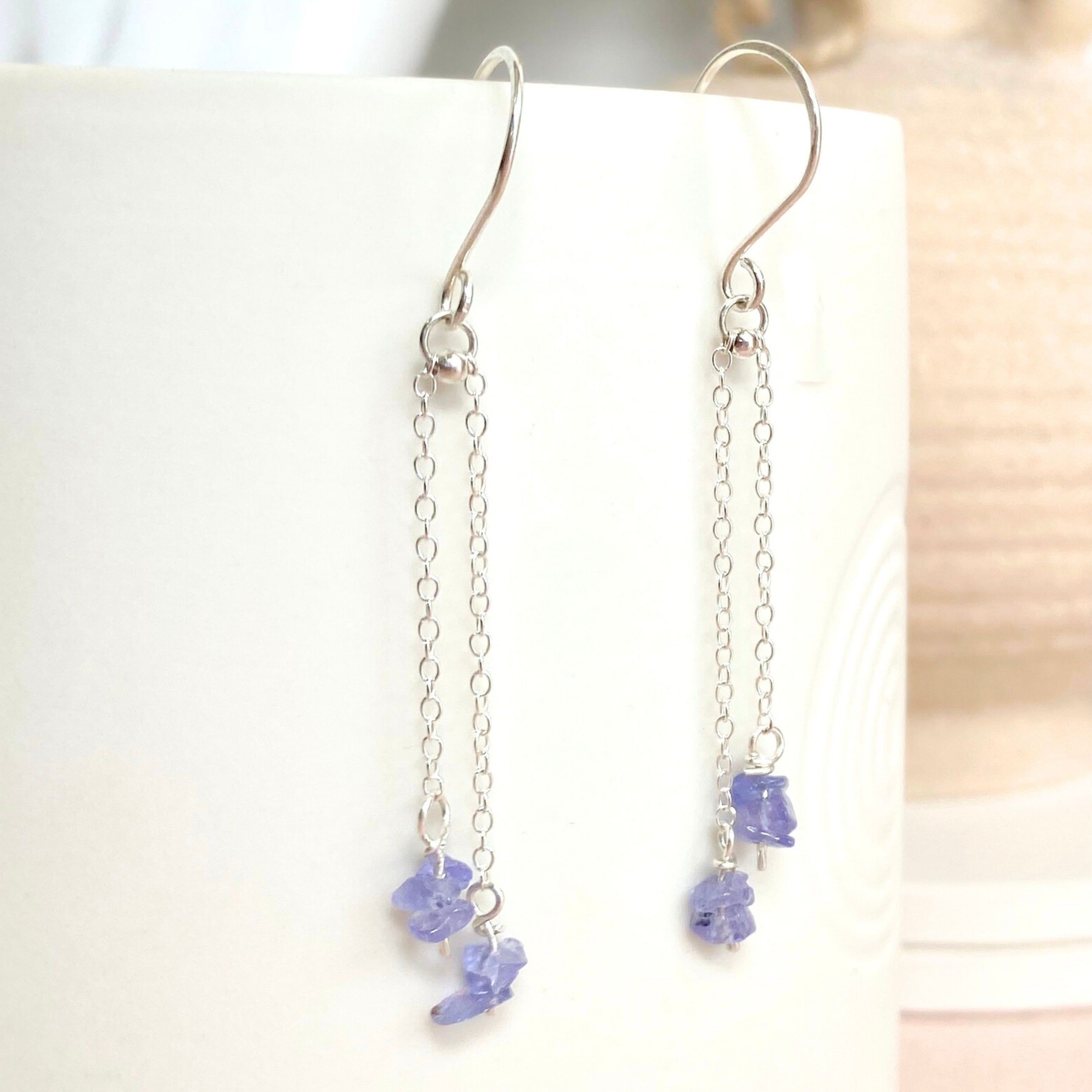 Natural tanzanite silver chain dangle earrings | Sterling silver | December birthstone