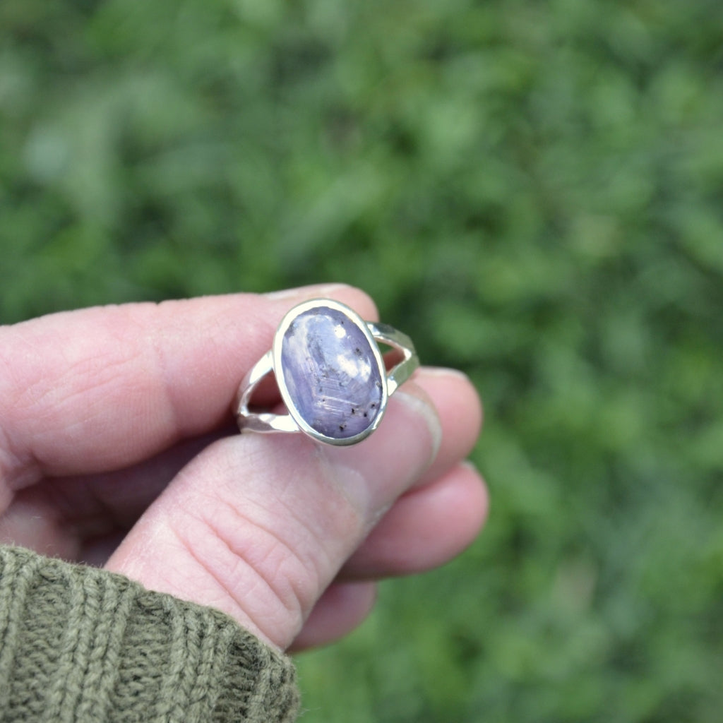 Silky Sapphire Silver Ring with a Hammered Split Band Size O