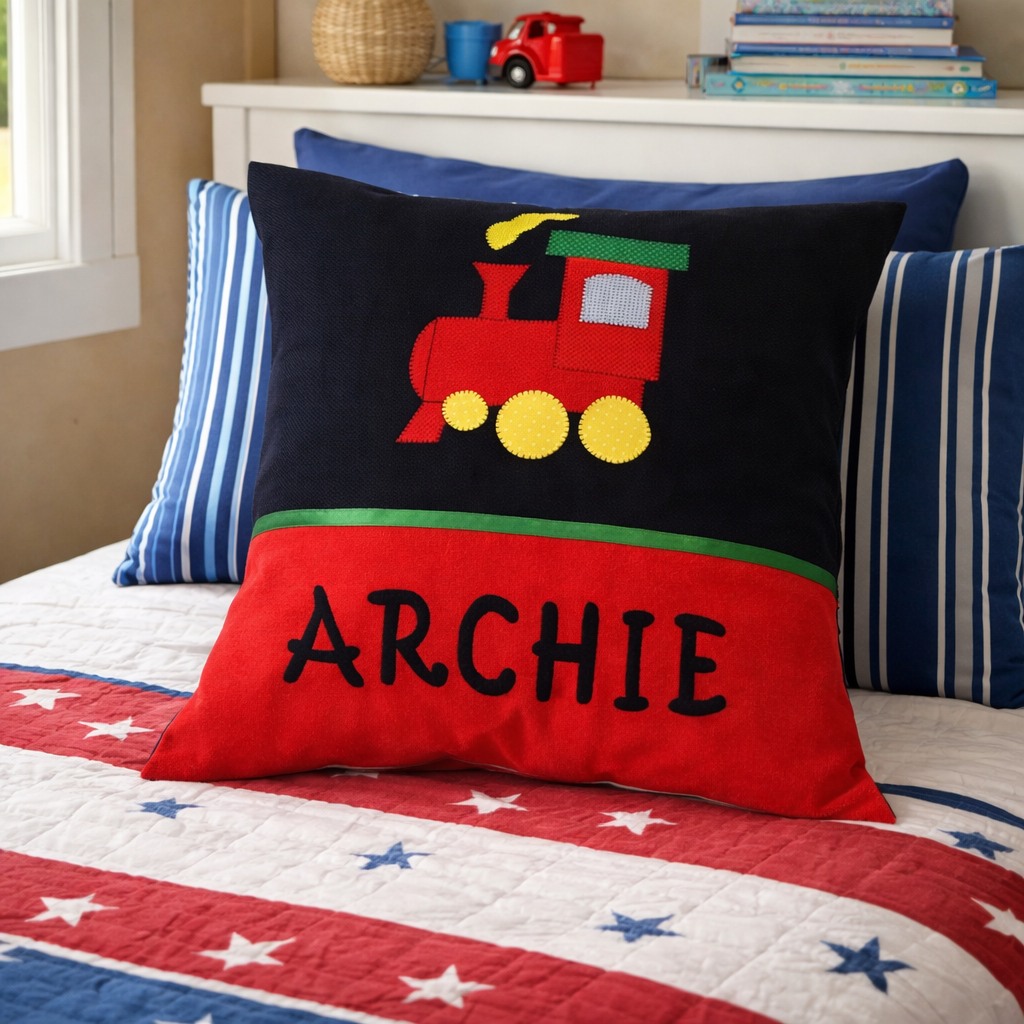 Personalised Kids Cushion | Custom Name Pillow | Handmade Applique Cushion | Nursery Decor - Train