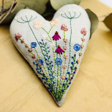 Hand Embroidered Heart filled with Australian wool - cottage garden