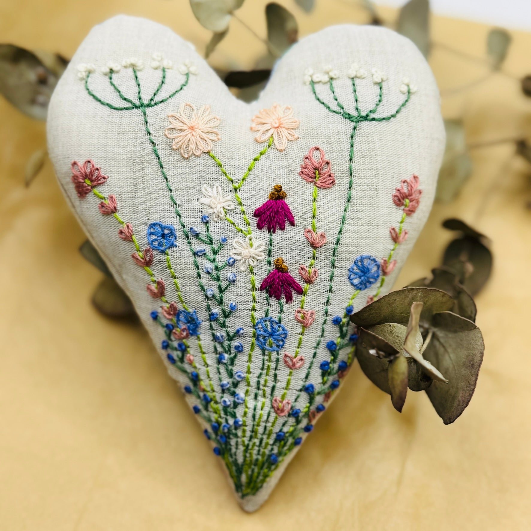 Hand Embroidered Heart filled with Australian wool - cottage garden