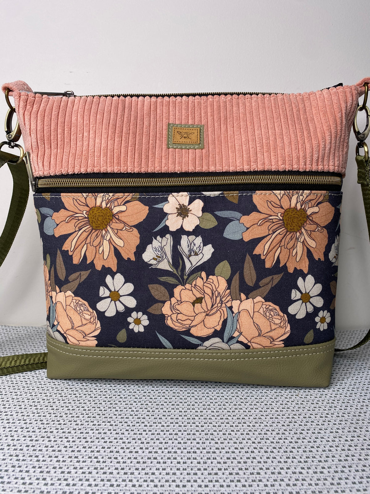 Lola Crossbody Bag - Pink Roses & Pink Corduroy Fabric with Olive Green Faux Leather Base