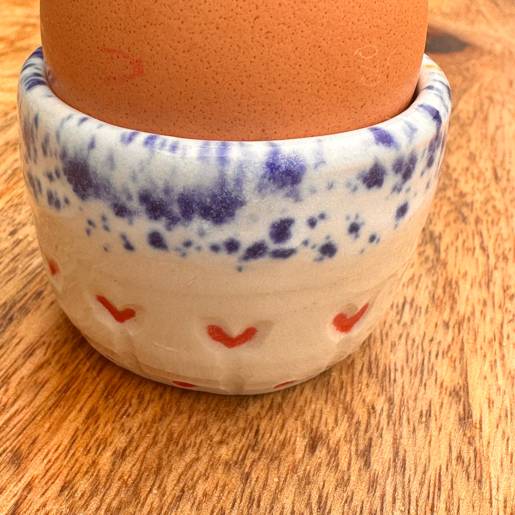 Ceramic Egg Cup - Blue Speckle with Hearts