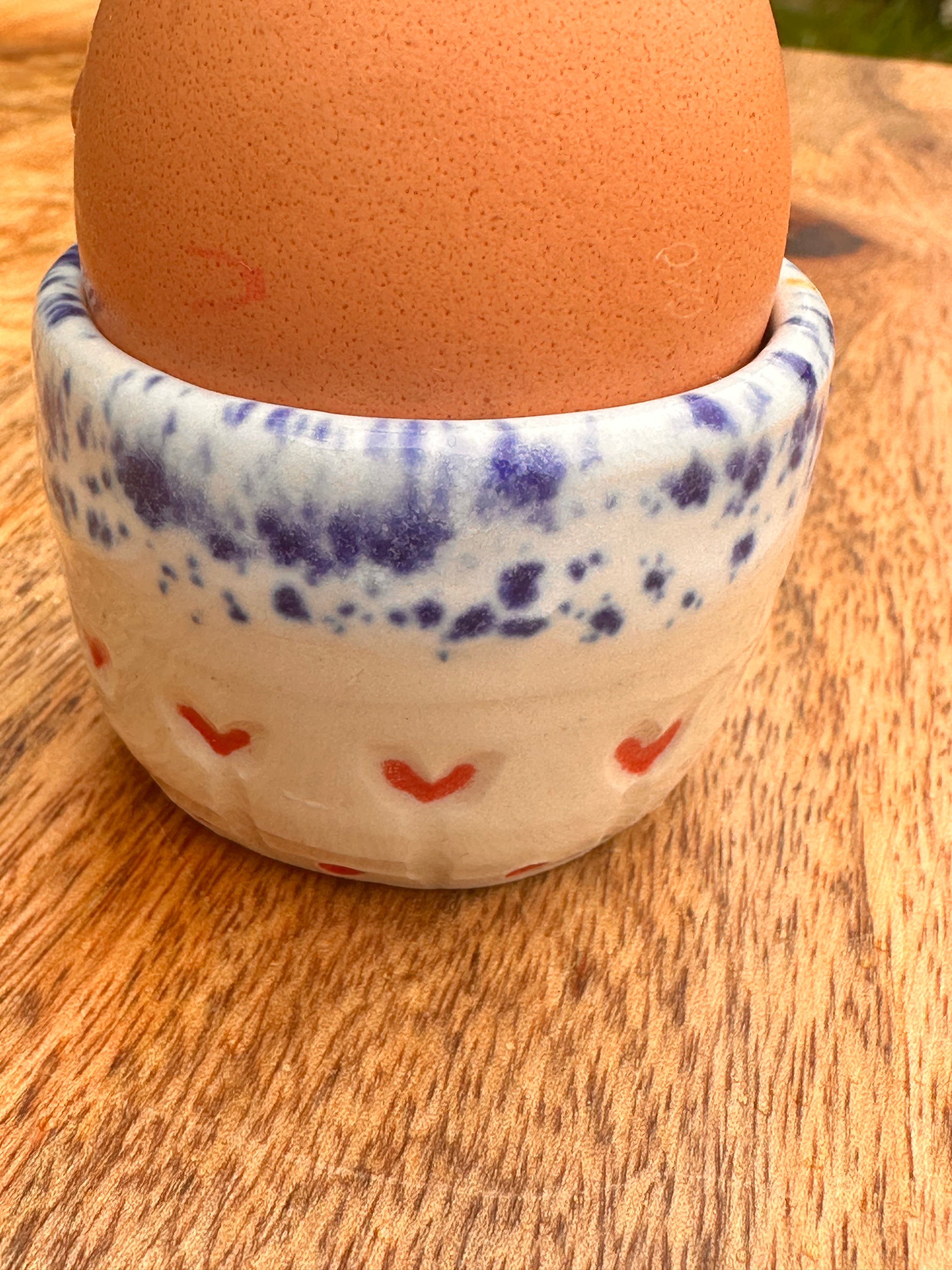 Ceramic Egg Cup - Blue Speckle with Hearts