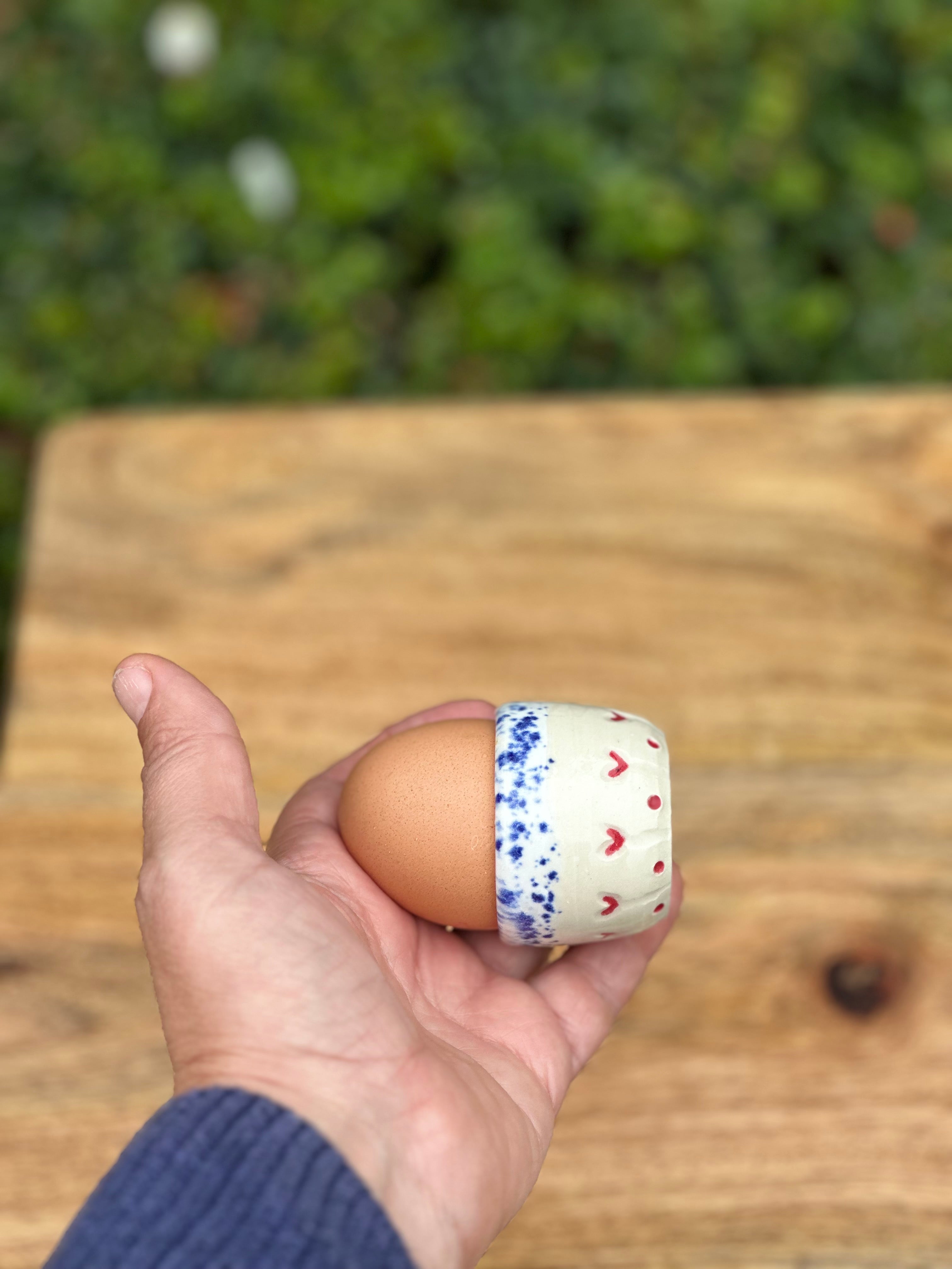 Ceramic Egg Cup - Blue Speckle with Hearts