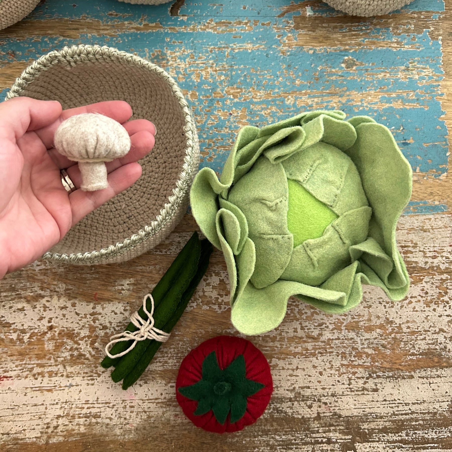Veggies in a crochet basket, cabbage, felt play food, toddler gift value pack