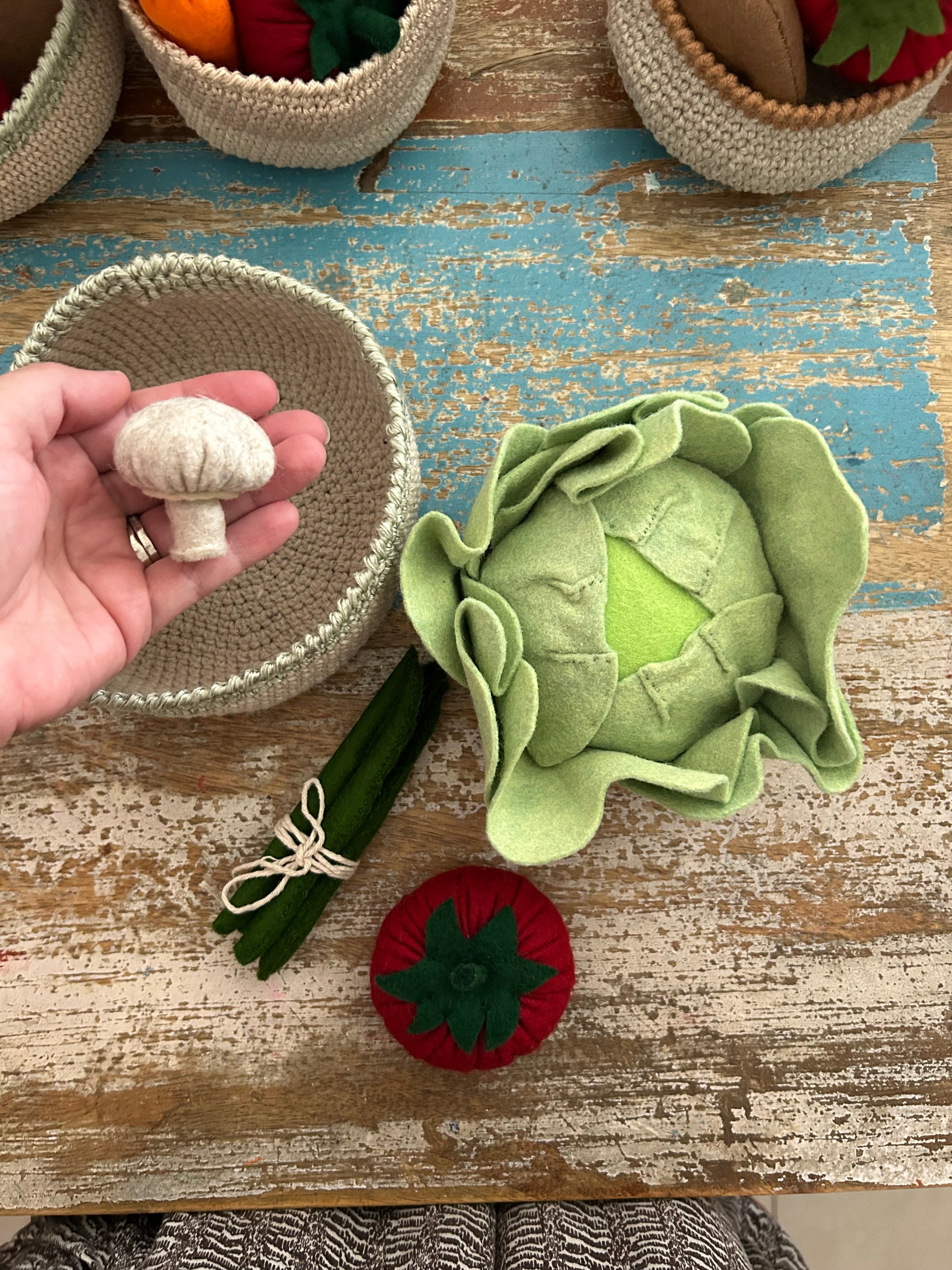 Veggies in a crochet basket, cabbage, felt play food, toddler gift value pack