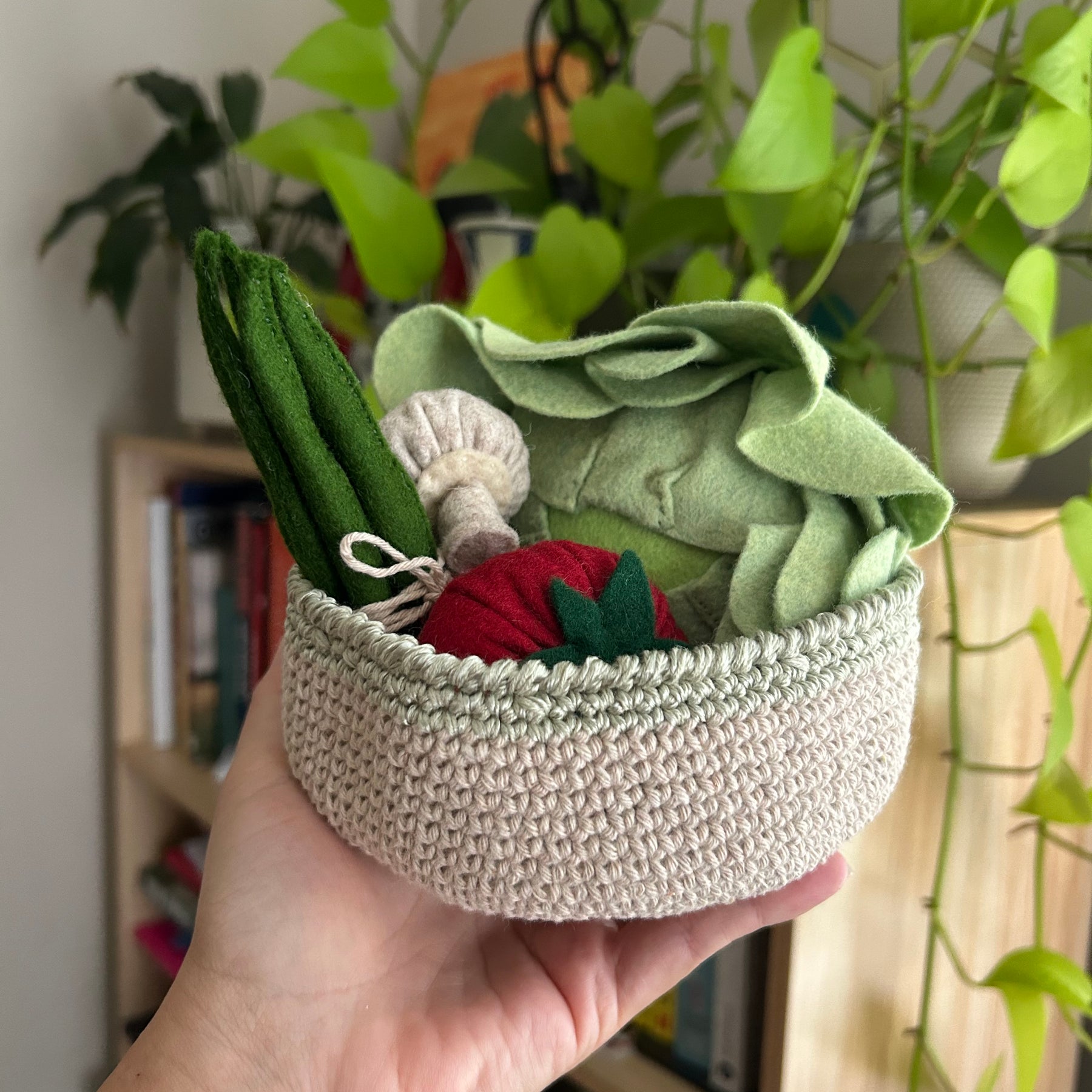 Veggies in a crochet basket, cabbage, felt play food, toddler gift value pack