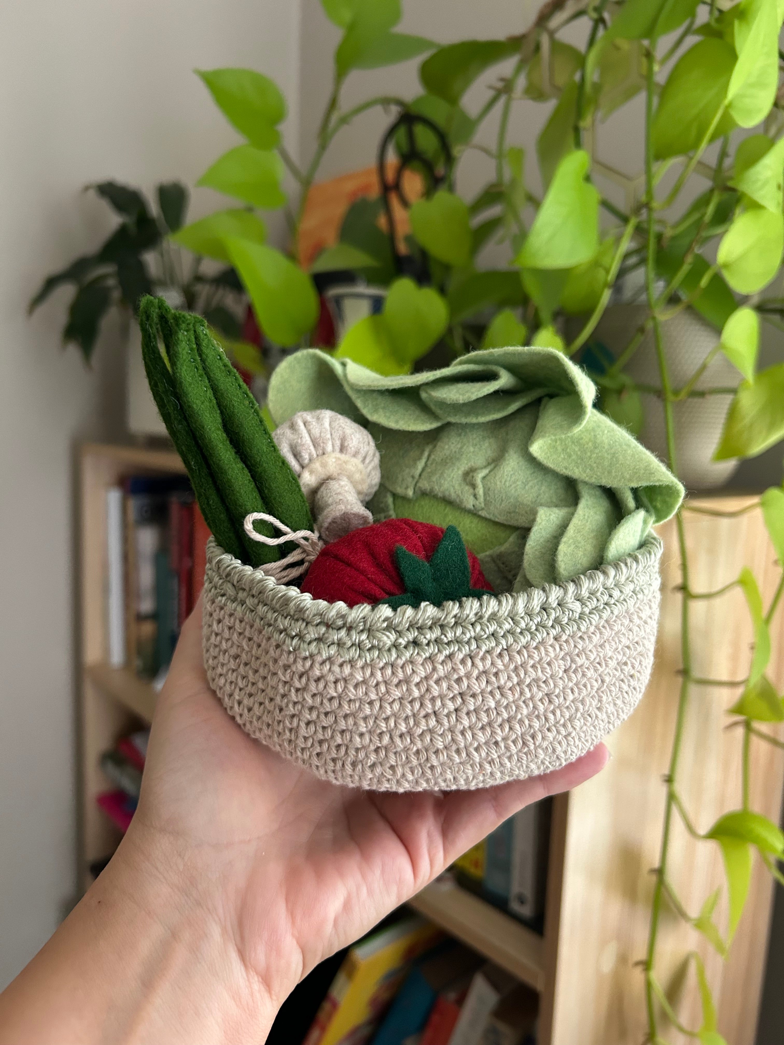 Veggies in a crochet basket, cabbage, felt play food, toddler gift value pack