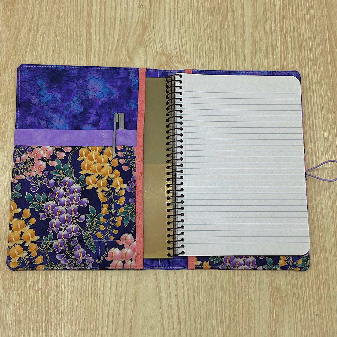 Wisteria (blue) flower refillable A5 fabric notebook cover gift set - Incl. book and pen.