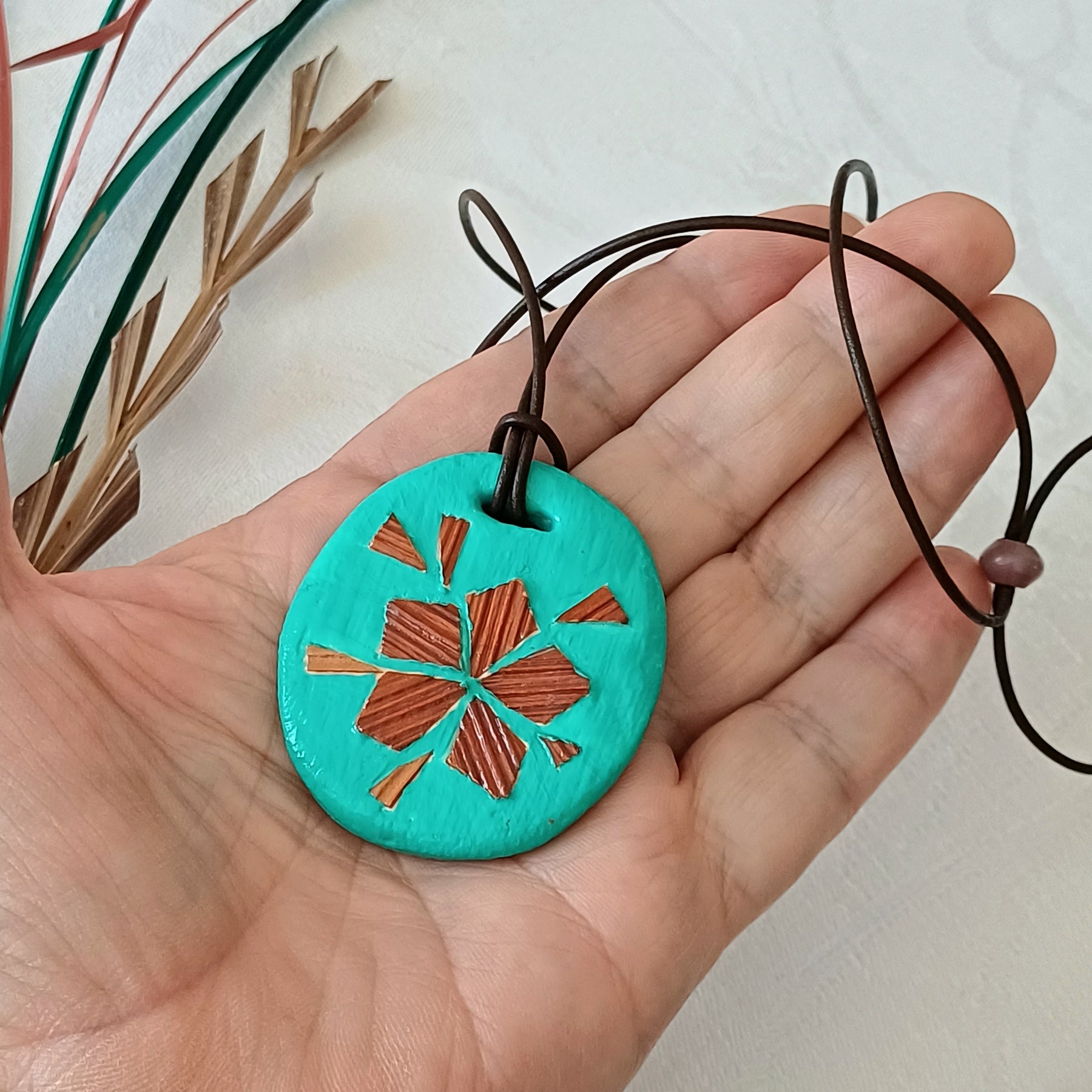 Nordic Flower pendant, natural clay, adjustable leather cord