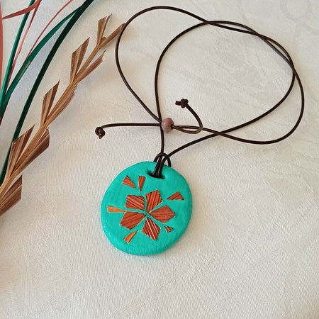 Nordic Flower pendant, natural clay, adjustable leather cord
