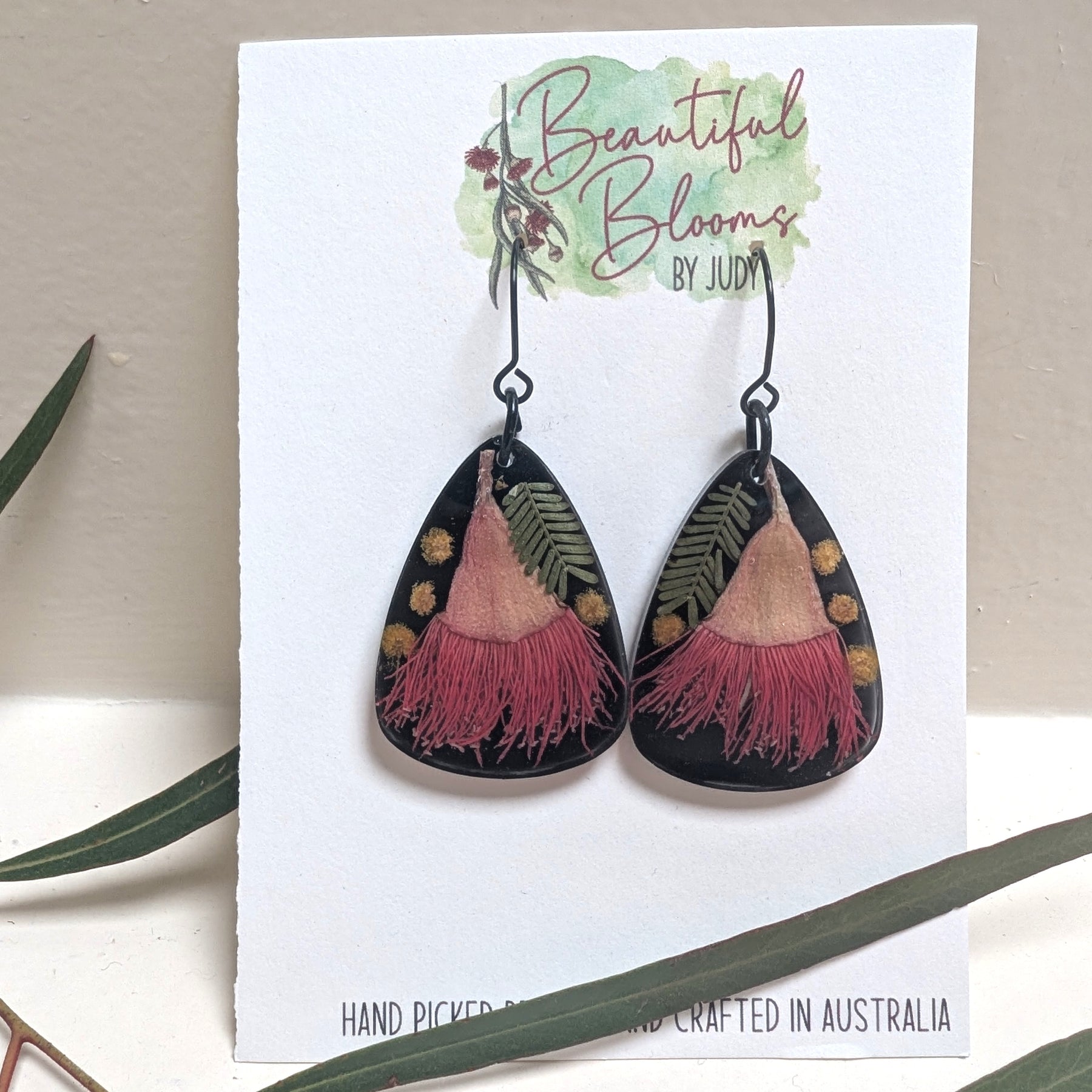 Australian made Flowering gum and wattle earrings