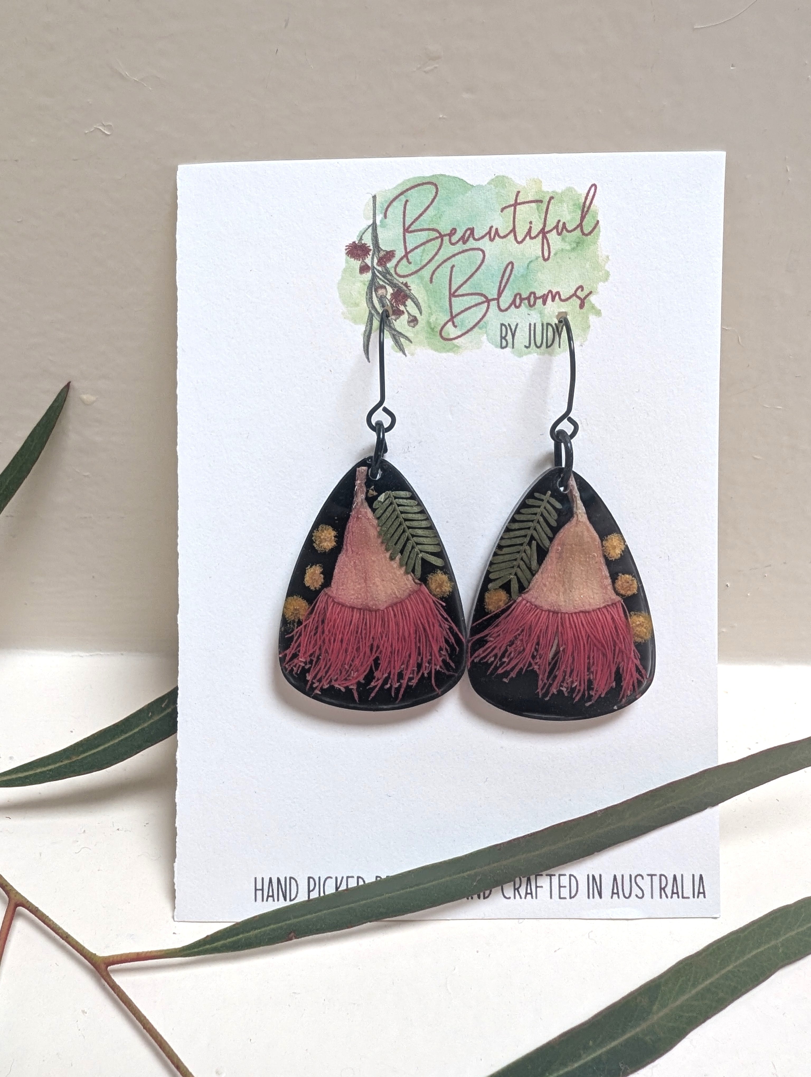 Australian made Flowering gum and wattle earrings
