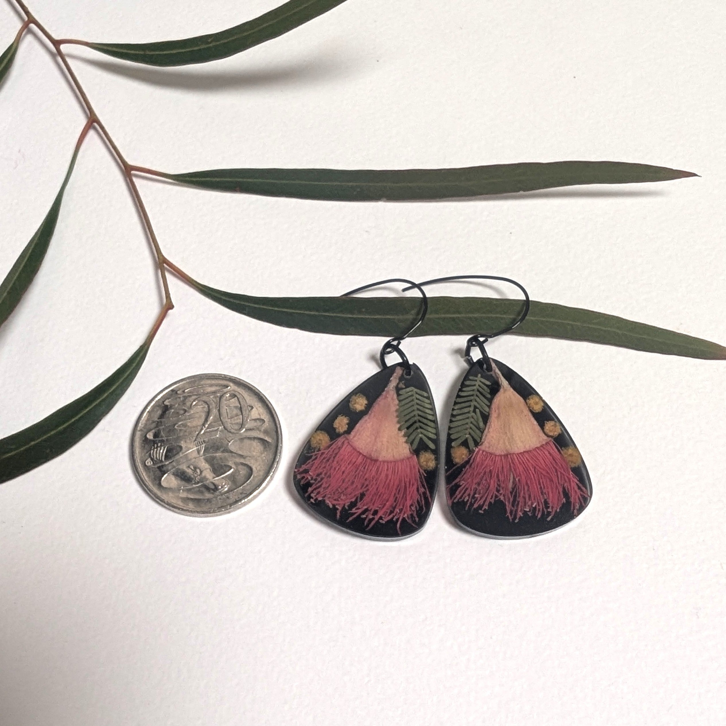 Australian made Flowering gum and wattle earrings