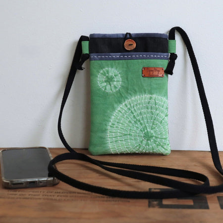 Tie Dyed Cross Body bag for Phone and Glasses, green, upcycled jeans
