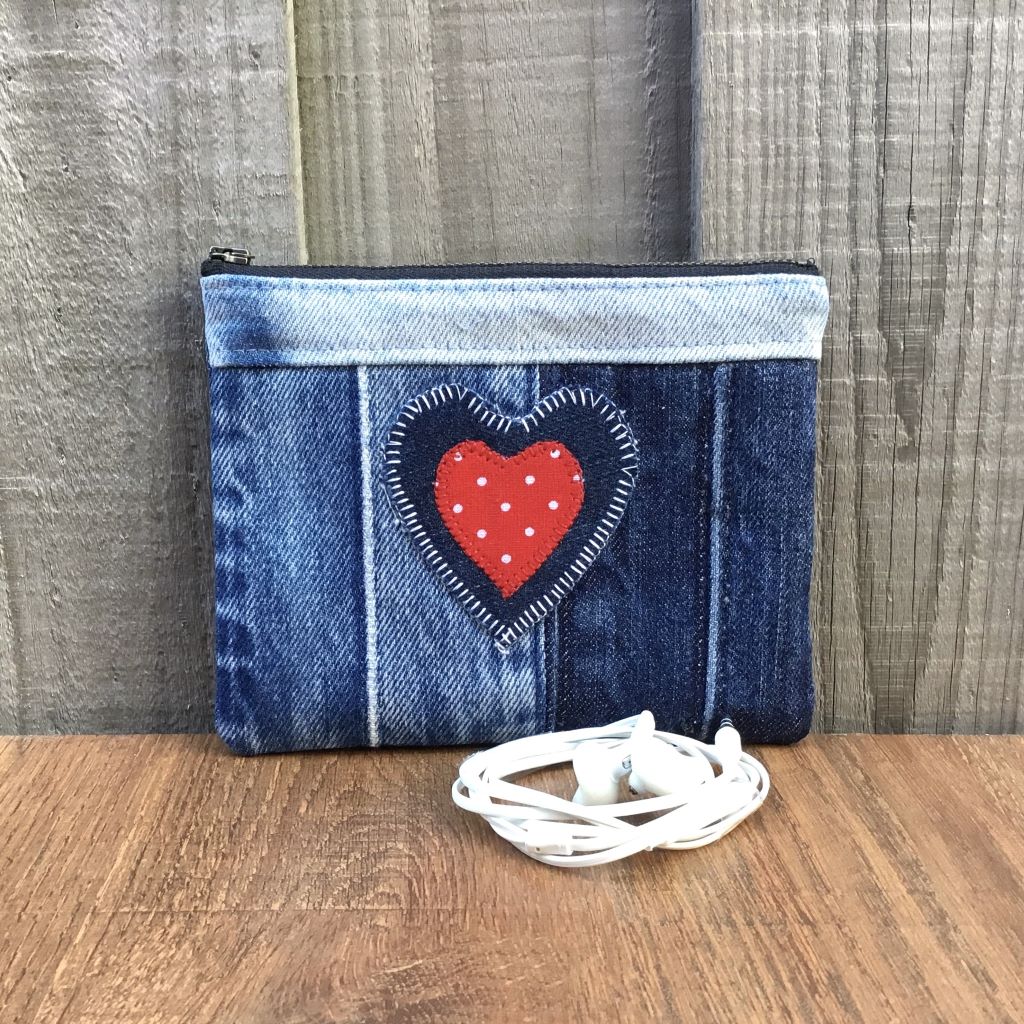 Upcycled Denim Purse – Denim & Red Polka Dot Heart