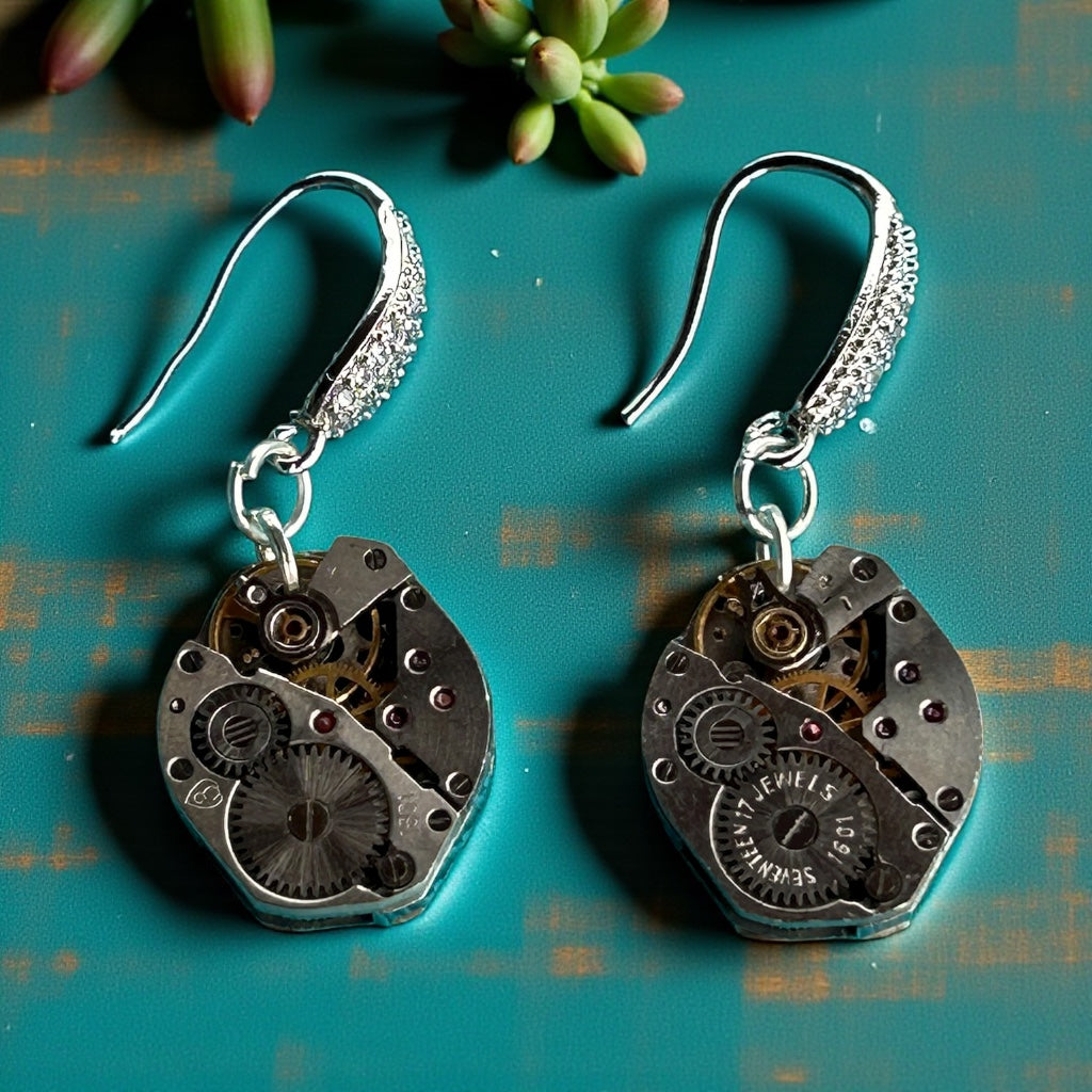 Steampunk vintage watch movement earrings