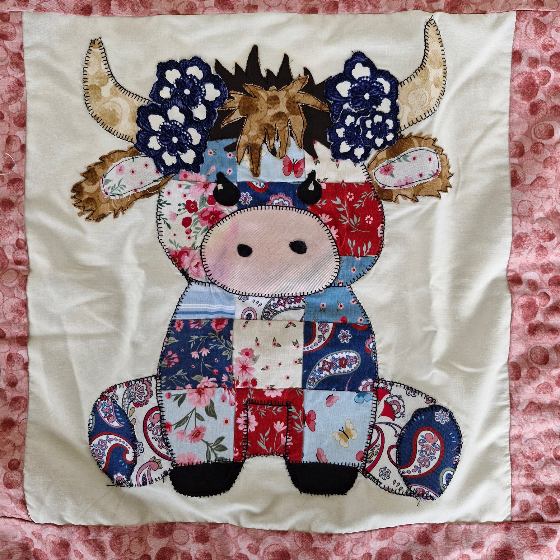 Pram size Highland Cow Patchwork front Baby Blanket