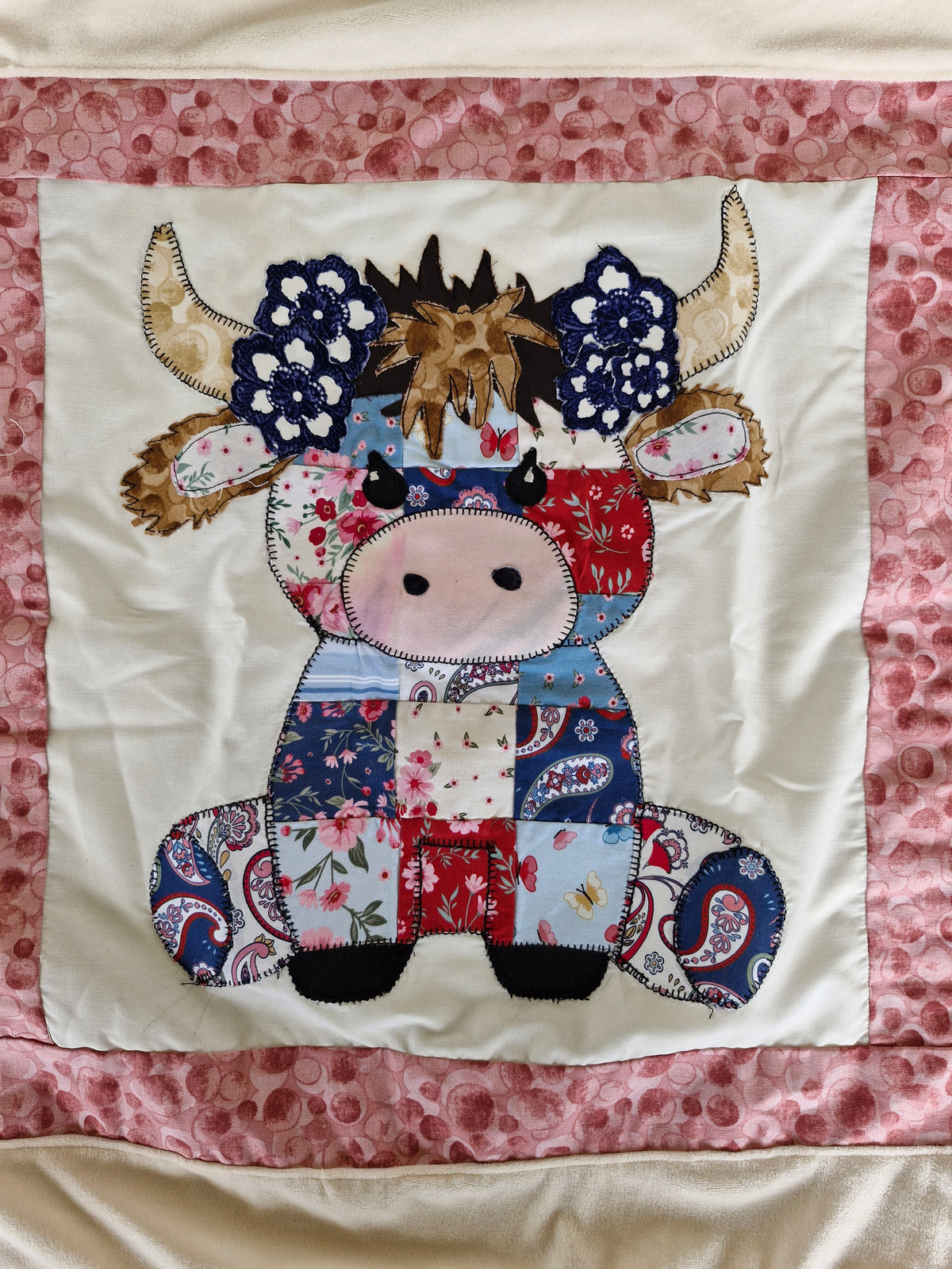 Pram size Highland Cow Patchwork front Baby Blanket